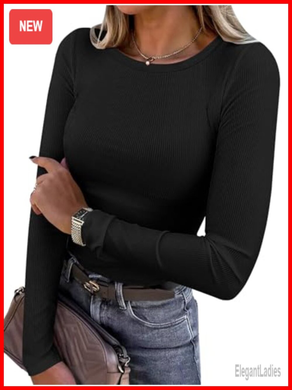 Women's Long Sleeve Crew Neck Slim Fit Ribbed Top for Casual Wear